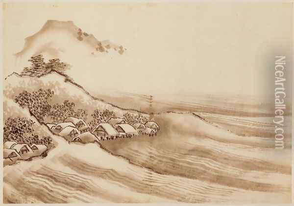 Landscape with a Seaside Village Oil Painting - Katsushika Hokusai