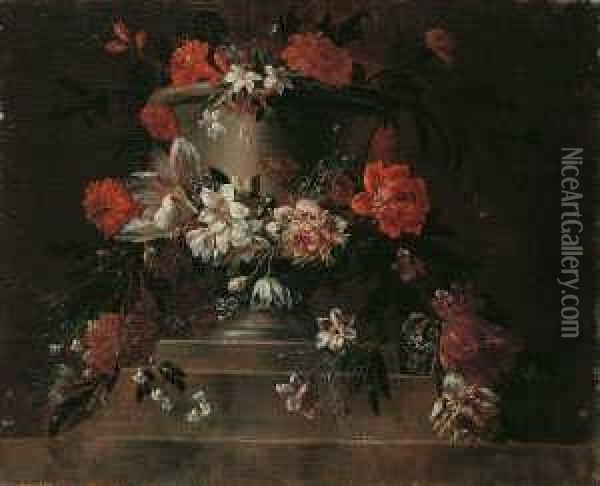 Blumenstilleben. Um Eine Steinurne Eine Blumenguirlande. Oil Painting - Jacobus Melchior van Herck