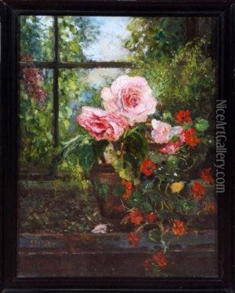 Roses And Other Flowers On A Conservatory Ledge Oil Painting - John Falconar Slater
