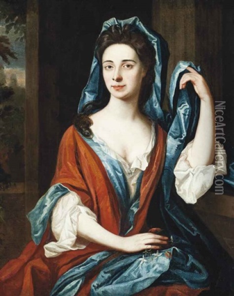 Portrait Of A Lady, Traditionally Identified As Eleanor Preston, Half-length, In A Blue Dress And Red Wrap, A Landscape Beyond Oil Painting - James Maubert