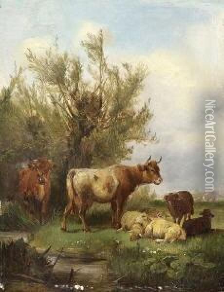 Kuhe Und Schafe Am
 Wasser. Oil Painting - Ludwig Sellmayr