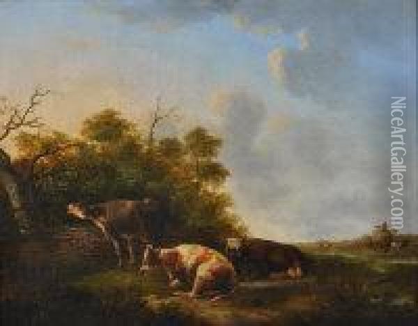 Cows Resting By A Wood With Haymaking In The Background Oil Painting - Jan I Kobell