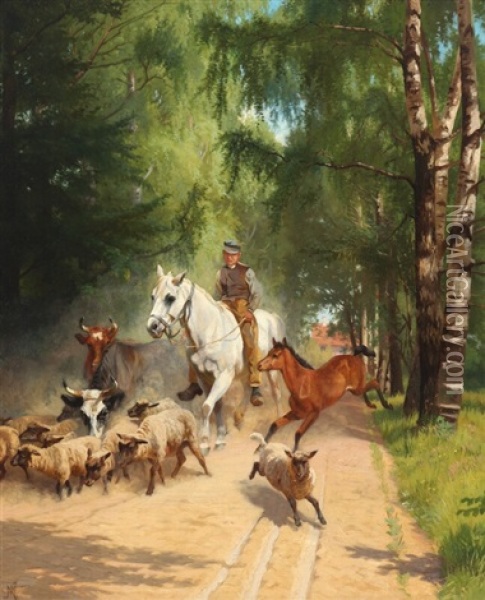 A Farmer Bringing The Cattle In The Field Oil Painting - Adolf Heinrich Mackeprang