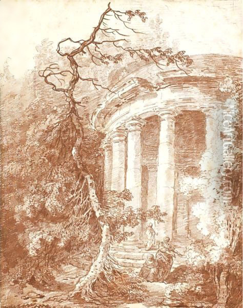 Figures By A Circular, Ruined Temple Oil Painting - Hubert Robert