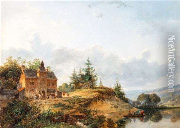 Rustende Ruiters Bij Een Huis Aan De Waterkant Oil Painting - Josefus Gerardus Hans