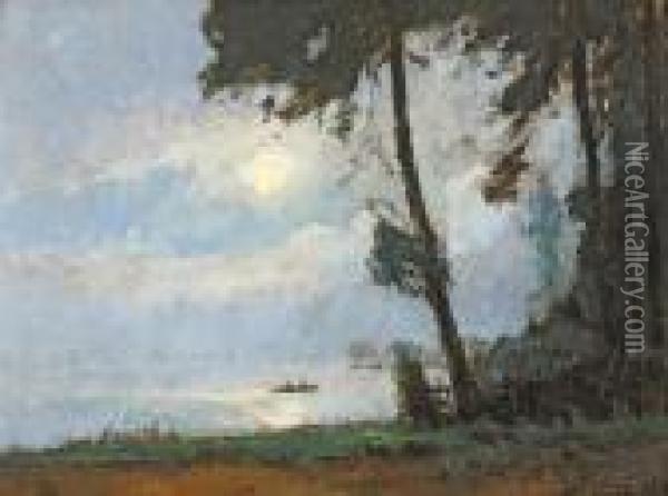 Het Donkmeer Bij Maneschijn (1924) Oil Painting - Pieter Gorus