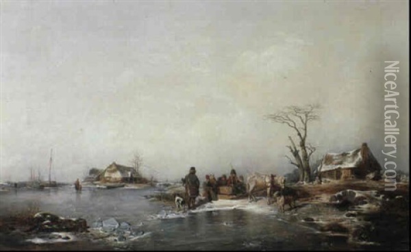 Figures In A Frozen Landscape Oil Painting - Friedrich Fritz Hildebrandt