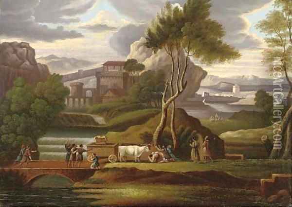 Worshippers before a holy relic, in a capriccio landscape Oil Painting - English Provincial School