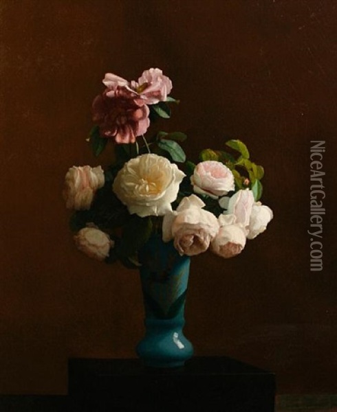 Still Life Of Roses In A Vase Oil Painting - Jacques Joussay