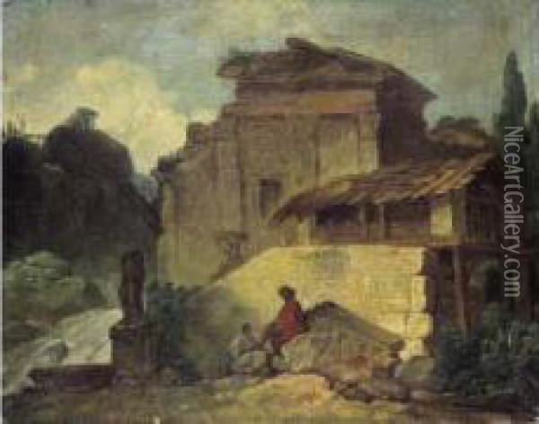  Personnages Au Milieu De Ruines A Tivoli  Oil Painting - Claude Louis Chatelet