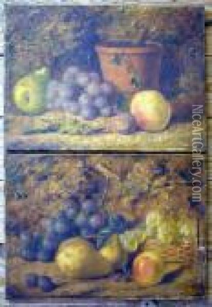 French Pair Of Unframed Oils On 
Canvas Still Lifes Of Fruit Signed Andd Ated '87 10 X 14in Oil Painting - Louis Emile Minet