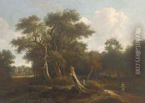 A wooded landscape with travellers on a path Oil Painting - Meindert Hobbema