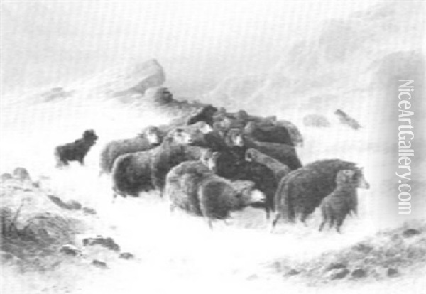 Sheep In A Snowstorm Oil Painting - Jules Bahieu