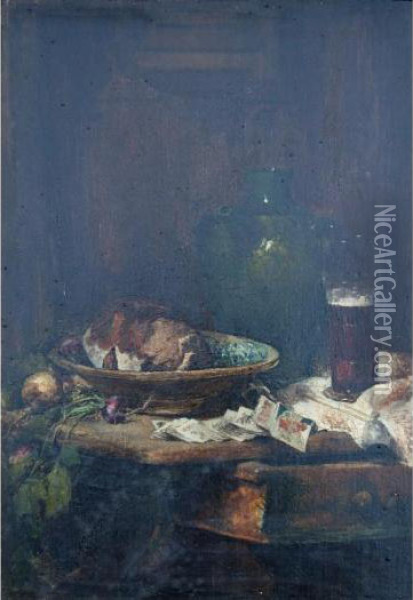 Still Life Of Bread, Vegetables, Cards, A Pipe And A Glass Of Beer On A Table Oil Painting - Theodule Augustine Ribot