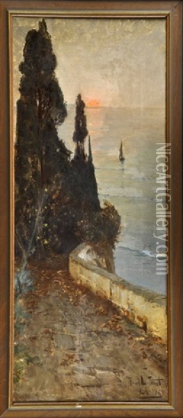 Sonnenuntergan Vor Italienischer Kuste Mit Segler Oil Painting - Manuel Wielandt