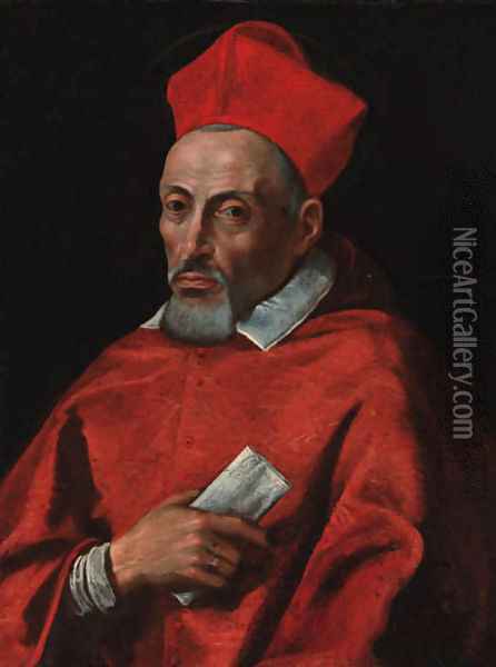 Portrait of Cardinal Robert Bellarmine, half-length, wearing red robes and holding a letter in his right hand Oil Painting - Roman School