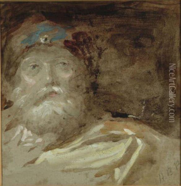 Head And Shoulders Study Of A Bearded Man Wearing A Jeweled Turban Oil Painting - Hercules Brabazon Brabazon