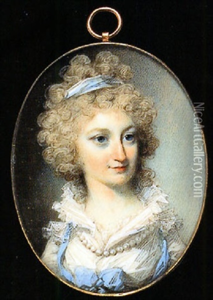 Portrait Of Anne Papillon In White Dress Trimmed With Blue Ribbon, Frilled Collar, And A String Of Pearls At Her Neck Oil Painting - George Engleheart