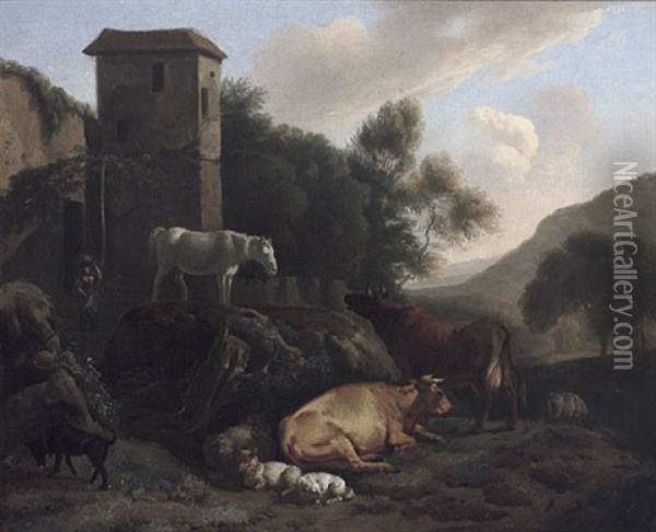 Italienische Landschaft Mit Kuh- Und Schafherde Oil Painting - Dirk van Bergen