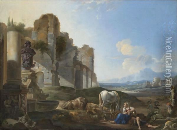 Italian Landscape With A Shepherdess And Ruins Oil Painting - Anthonie Goubau