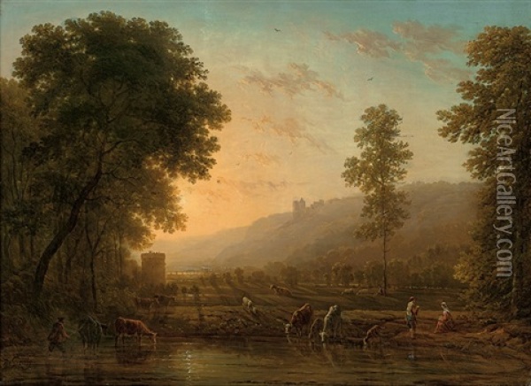 Watering Cattle At Dusk Oil Painting - Victor de Grailly