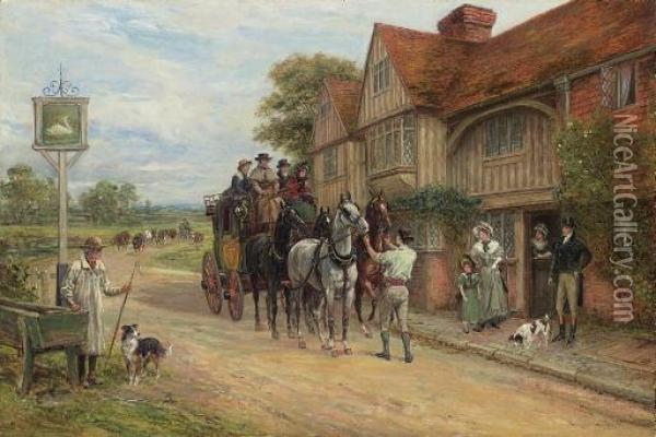 A Coach And Four Outside The Swan Inn Oil Painting - Heywood Hardy