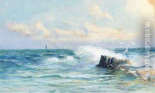 Waves crashing on the rocks with seagulls playing above Oil Painting - William Harrison Scarborough