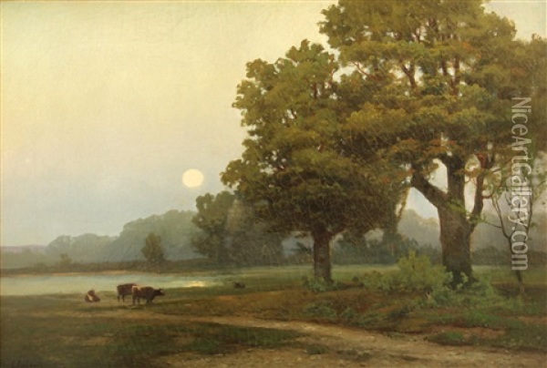 Cattle By A Pond At Sunset Oil Painting - Carl Von Perbandt