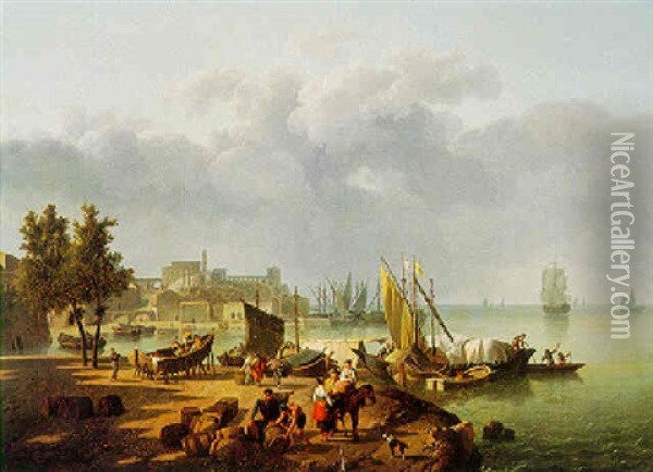 Mediterranean Port Scene With Figures And Boats Oil Painting - Jean-Louis Demarne