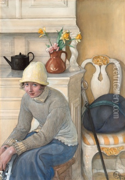 Girl With Ice Skates, Interior From The School Household, Falun Oil Painting - Carl Olof Larsson