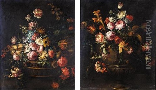 Still Life Of Various Flowers In A Basket (+ Still Life Of Various Flowers In An Urn; Pair) Oil Painting - Margherita Caffi