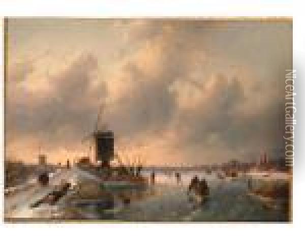 Skaters On A Frozen River By A Windmill At Dusk Oil Painting - Charles Henri Leickert