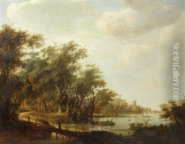A River Landscape With Figures Crossing A Bridge In The Foreground Oil Painting - Jacob van Mosscher