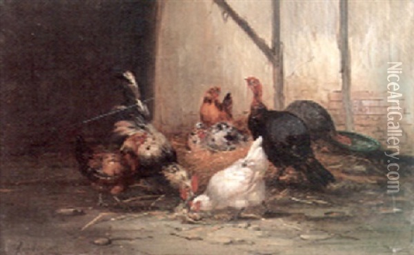 A Barnyard Scene With Turkeys, A Rooster And Hens Feeding Oil Painting - Claude Guilleminet