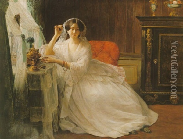 Femme A Sa Coiffeuse Oil Painting - Francois Auguste Biard