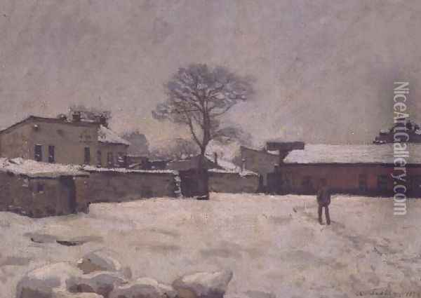 Under Snow: the farmyard at Marly-le-Roi, 1876 Oil Painting - Alfred Sisley