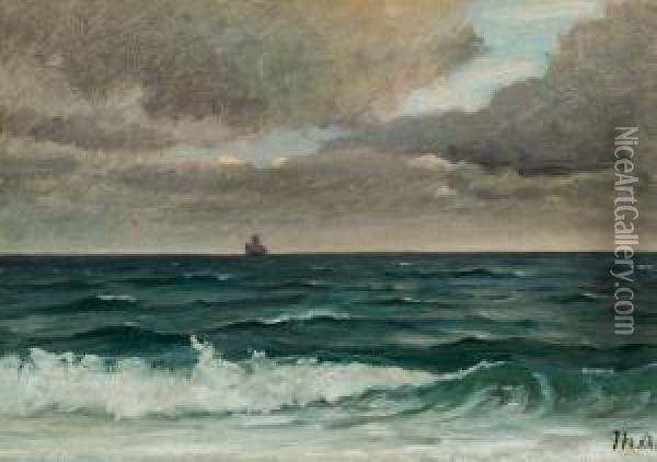 View Of The Sea With A Sailing Ship On The Horizon Oil Painting - Michael Ancher