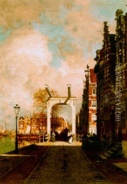 A View Along The Amstel In Amsterdam Oil Painting - Johannes Christiaan Karel Klinkenberg