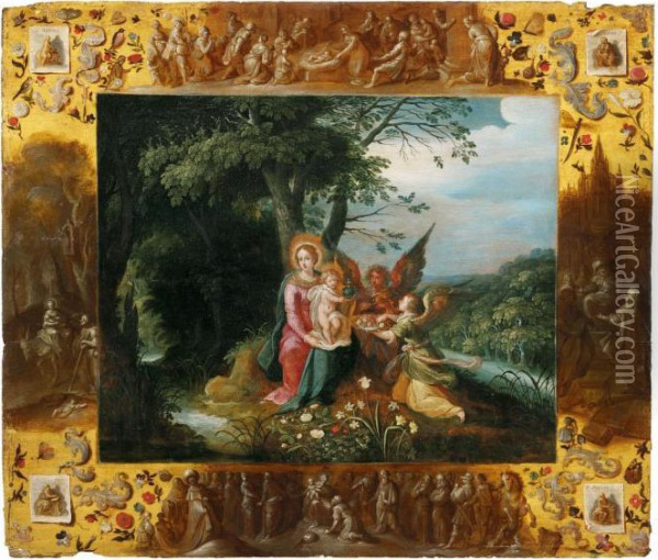 Maria Mit Kind Und Zweiengeln, Von Grisaillen Umrahmt Oil Painting - Frans II Francken