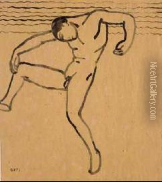 Uomo Nudo Che Danza Sulla Spiaggia Oil Painting - Ubaldo Oppi