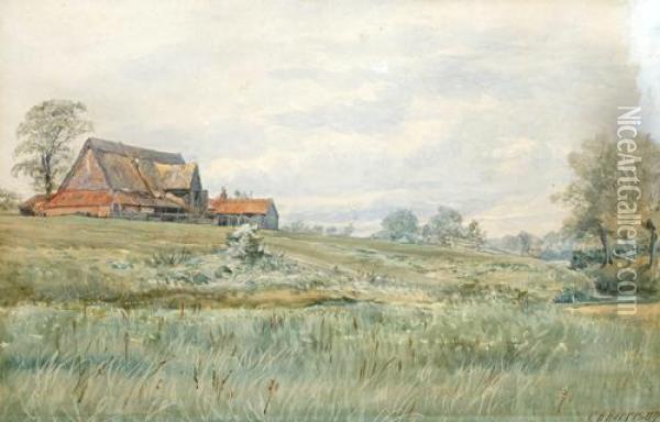 Water Meadows And Old Barn, Barsham, Norfolk Oil Painting - Charles Harmony Harrison