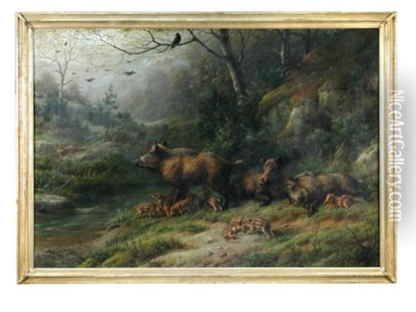 Wild Boar With Their Young In A Wooded Landscape, A Fox Beyond Oil Painting - Johannes Christian Deiker