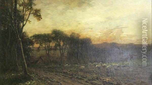 Sheep Grazing At Dusk Oil Painting - James Campbell Noble