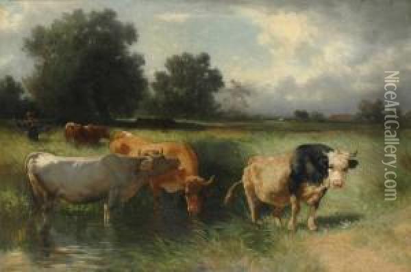 Buhlmayer Herder And Cattle Oil
 Oncanvas Signed 'c. Buhlmayer' Lower Right 102 X 152 Cm 
Provenance:private Collection Vienna Private Collection Melbourne Oil Painting - Conrad Buhlmayer