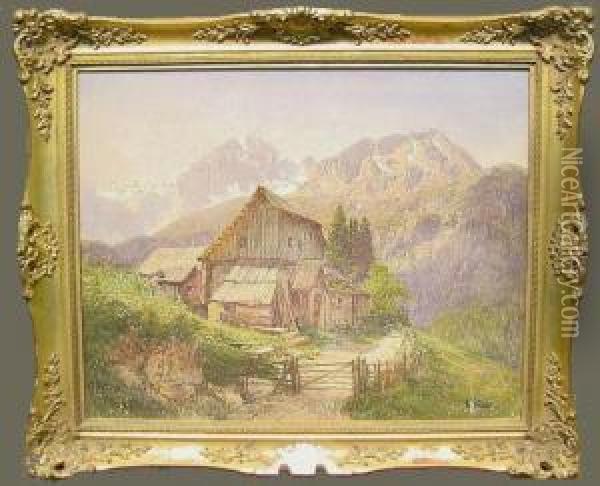 Mountain Cabin Oil Painting - Konrad Petrides