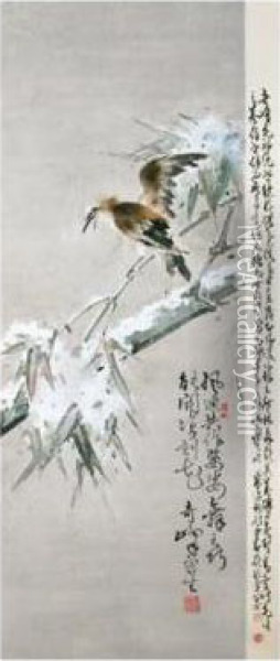 Bird On Snowy Branch Oil Painting - Gao Qifeng