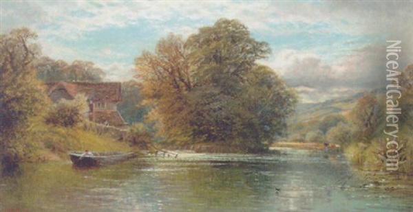 An Angler In A Boat, Near Shepperton, On The Thames Oil Painting - Alfred Augustus Glendening Sr.