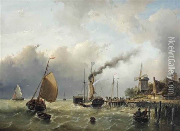 Boarding The Paddle Steamer On Choppy Waters Oil Painting - Andreas Schelfhout
