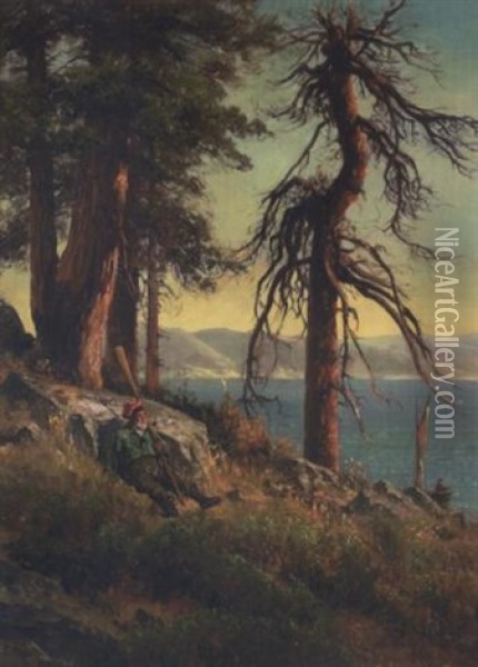 Lake Tahoe (a Man With An Oar Sitting On A Bluff) Oil Painting - Thomas Hill