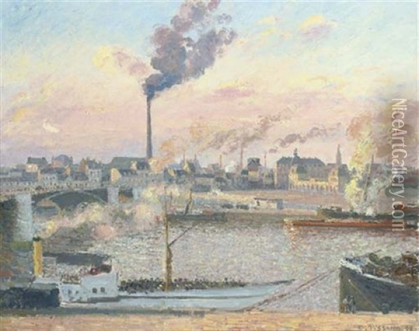 Le Pont Boieldieu Et La Gare D'orleans, Rouen, Matin, Cinq Heures Oil Painting - Camille Pissarro